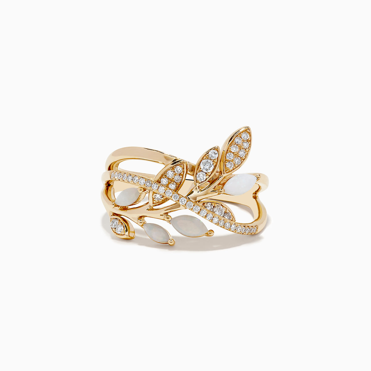 The Aurora 14K Yellow Gold Opal and Diamond Leaf Ring features a leafy branch design, adorned with shimmering opals and sparkling diamonds throughout the leaves and branches.