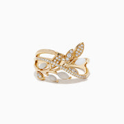 The Aurora 14K Yellow Gold Opal and Diamond Leaf Ring features a leafy branch design, adorned with shimmering opals and sparkling diamonds throughout the leaves and branches.
