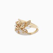 The Aurora 14K Yellow Gold Opal and Diamond Leaf Ring features a leafy branch design, adorned with shimmering opals and sparkling diamonds throughout the leaves and branches.