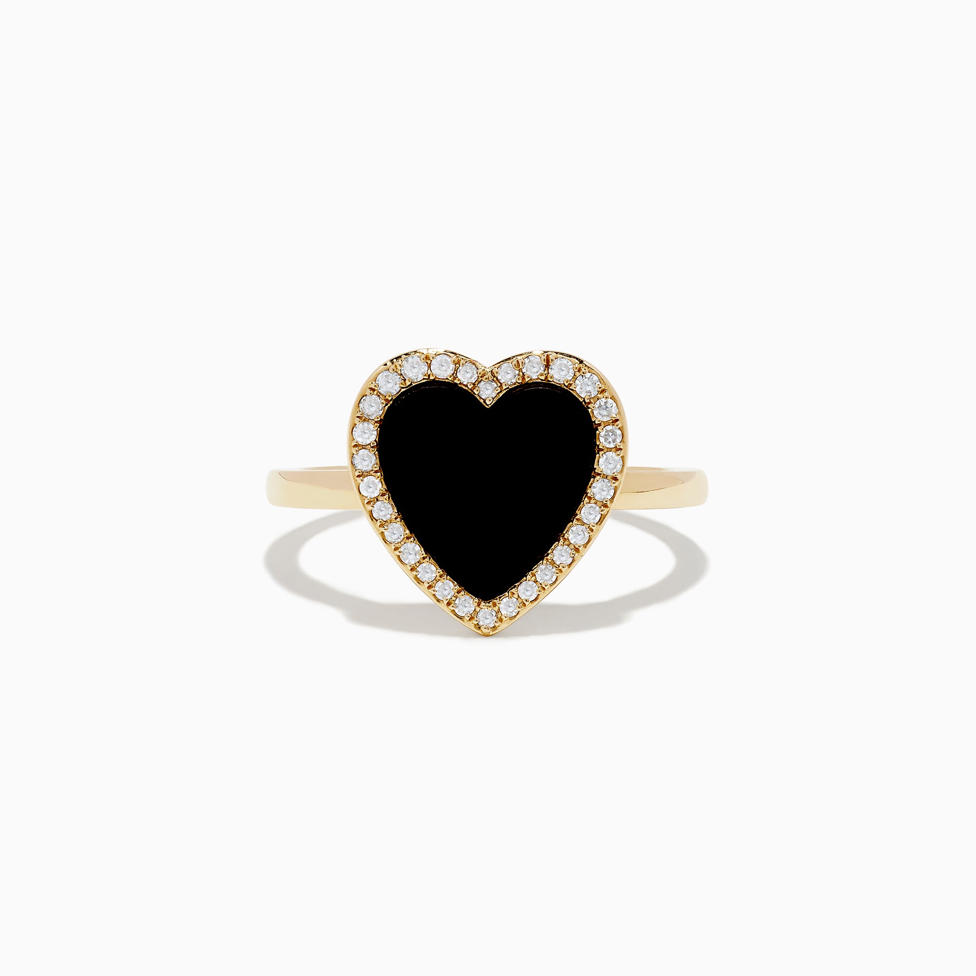 The 14K Yellow Gold Onyx and Diamond Heart Ring features a large heart-shaped onyx surrounded by sparkling diamonds, all set in yellow gold. Shown against a plain white background.