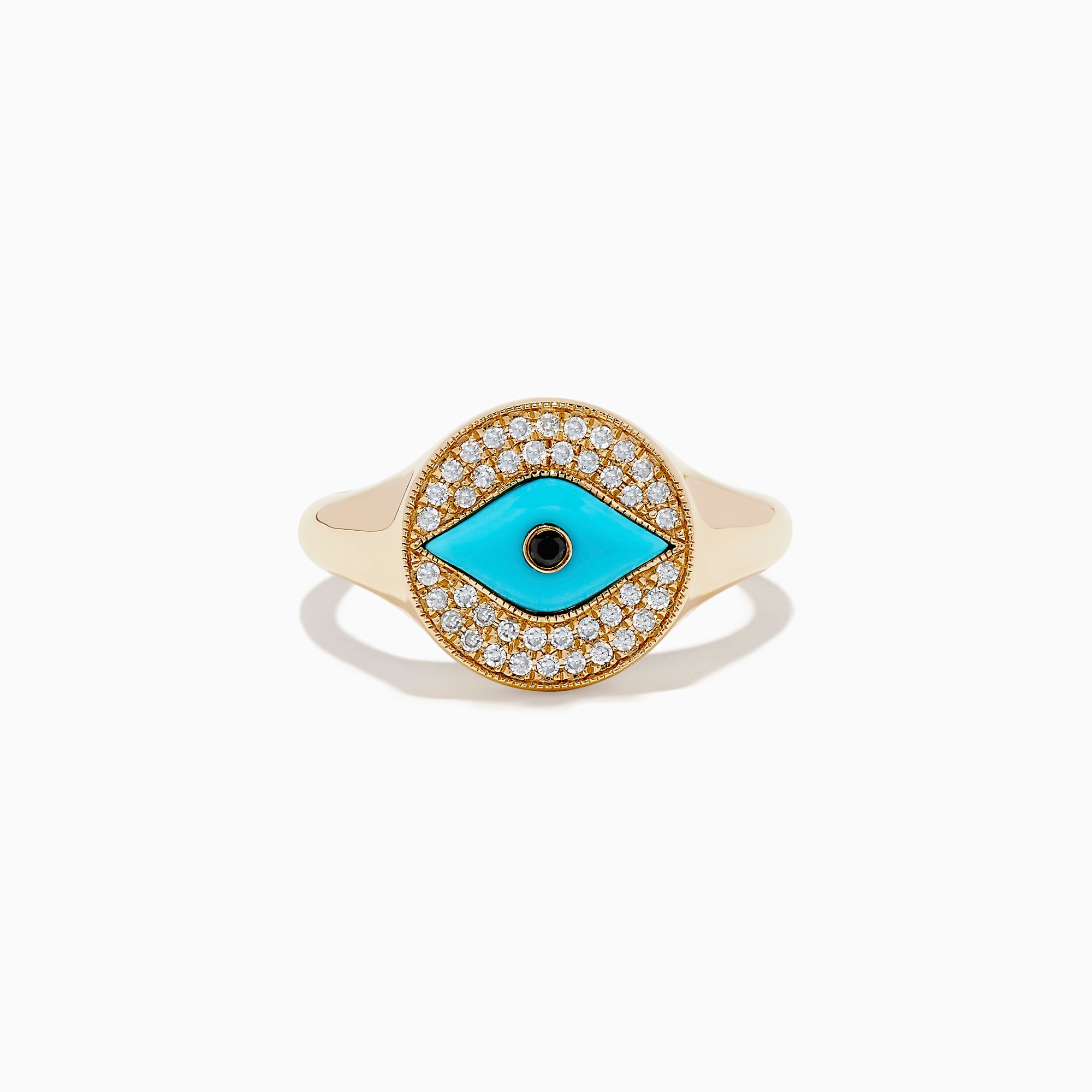 The Terra 14K Yellow Gold Turquoise and Diamond Evil Eye Ring features an eye-shaped motif with a turquoise center, a black pupil, and a border of sparkling diamonds surrounding the design.