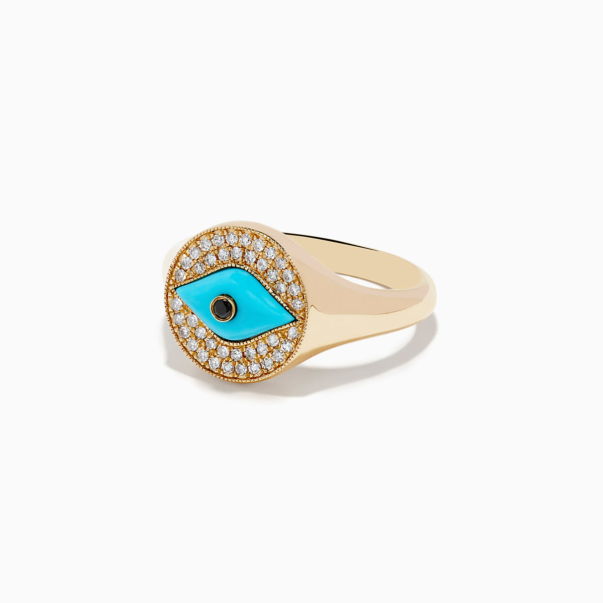 The Terra 14K Yellow Gold Turquoise and Diamond Evil Eye Ring features an eye-shaped motif with a turquoise center, a black pupil, and a border of sparkling diamonds surrounding the design.