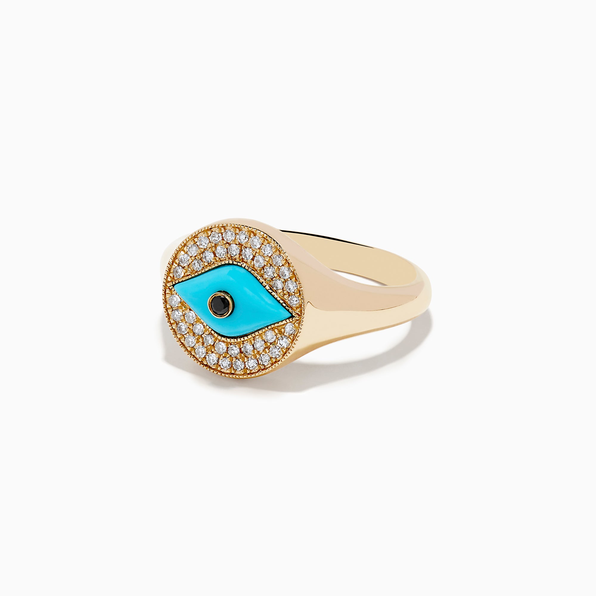 The Terra 14K Yellow Gold Turquoise and Diamond Evil Eye Ring features an eye-shaped motif with a turquoise center, a black pupil, and a border of sparkling diamonds surrounding the design.