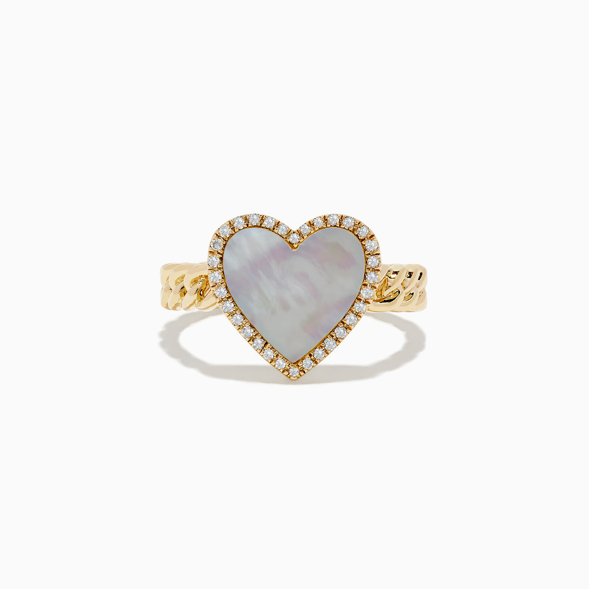 The Novelty 14K Yellow Gold Mother of Pearl and Diamond Heart Ring features a heart-shaped mother-of-pearl center, diamond accents, and a textured band, displayed on a white background.