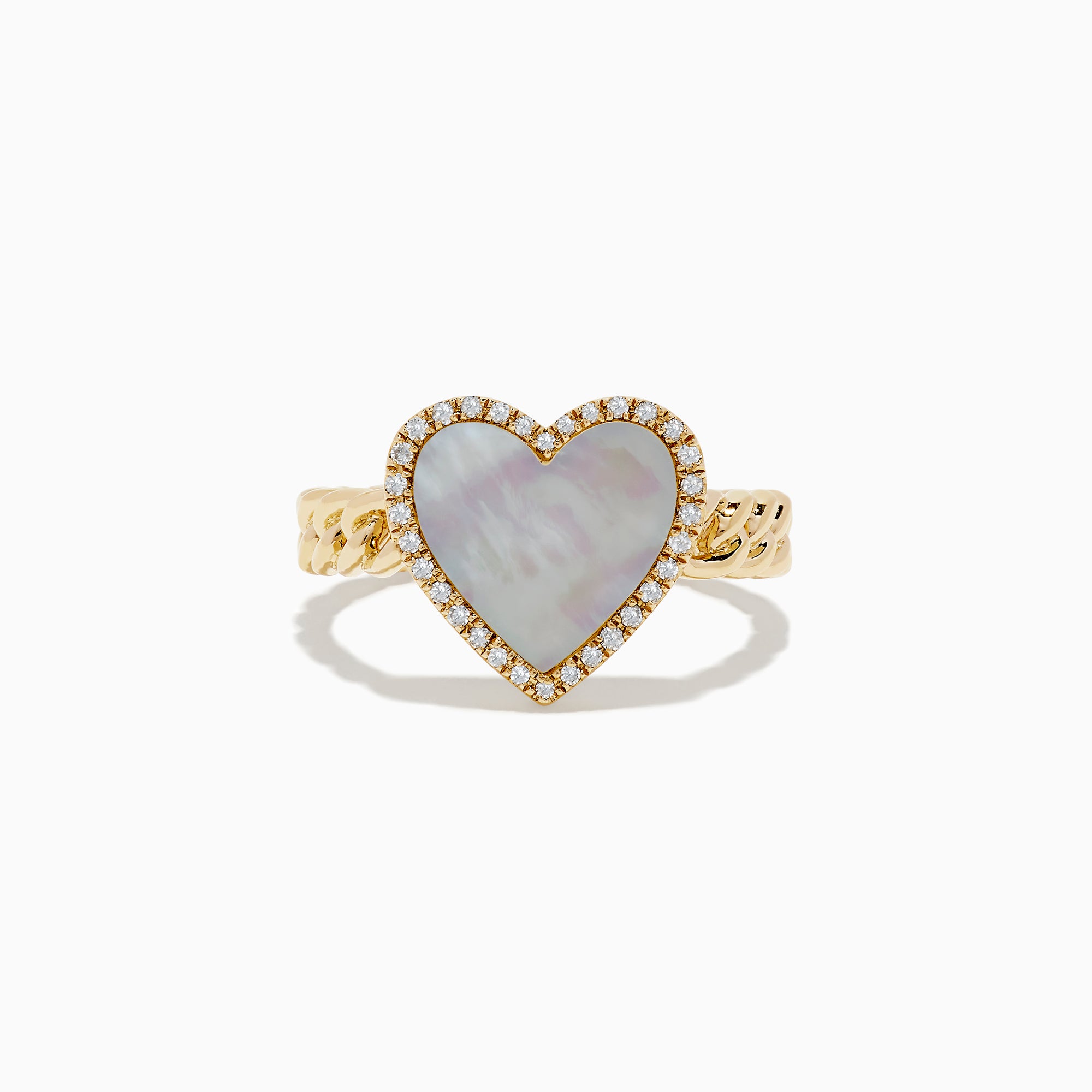 The Novelty 14K Yellow Gold Mother of Pearl and Diamond Heart Ring features a heart-shaped mother-of-pearl center, diamond accents, and a textured band, displayed on a white background.