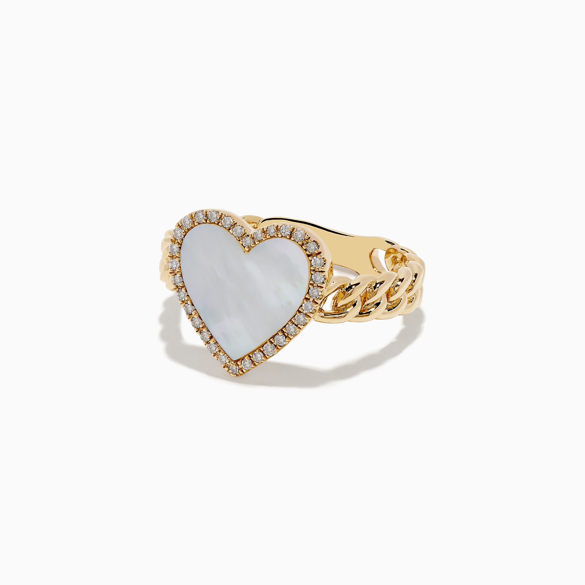 The Novelty 14K Yellow Gold Mother of Pearl and Diamond Heart Ring features a heart-shaped mother-of-pearl center, diamond accents, and a textured band, displayed on a white background.
