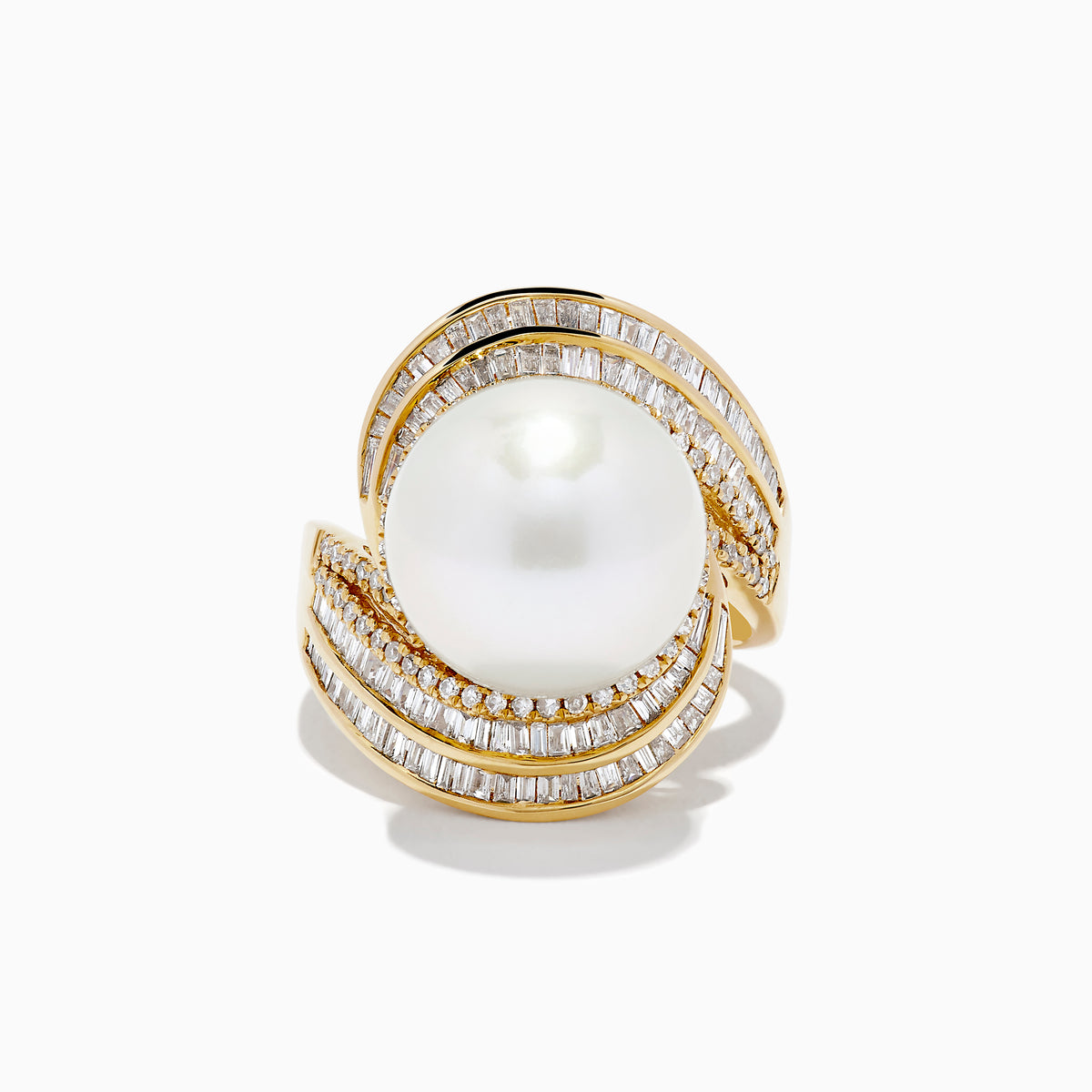 The 14K Yellow Gold Fresh Water Pearl and Diamond Statement Ring showcases a large central freshwater pearl, accented by curved rows of rectangular diamonds on the band, set against a white background.
