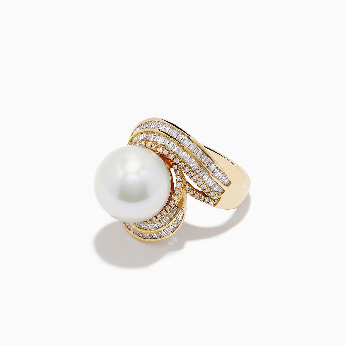 The 14K Yellow Gold Fresh Water Pearl and Diamond Statement Ring showcases a large central freshwater pearl, accented by curved rows of rectangular diamonds on the band, set against a white background.