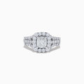 The 14K White Gold Diamond Ring, 2.00 TCW features a square-cut center diamond with a sparkling halo and triple diamond-encrusted band, beautifully showcased against a plain white background.