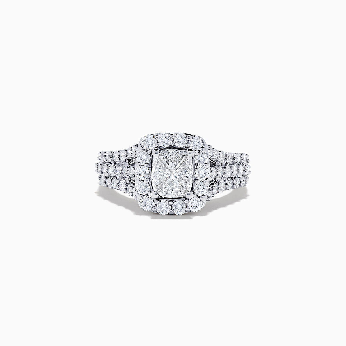 The 14K White Gold Diamond Ring, 2.00 TCW features a square-cut center diamond with a sparkling halo and triple diamond-encrusted band, beautifully showcased against a plain white background.
