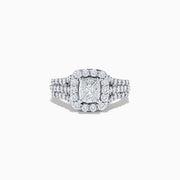 The 14K White Gold Diamond Ring, 2.00 TCW features a square-cut center diamond with a sparkling halo and triple diamond-encrusted band, beautifully showcased against a plain white background.