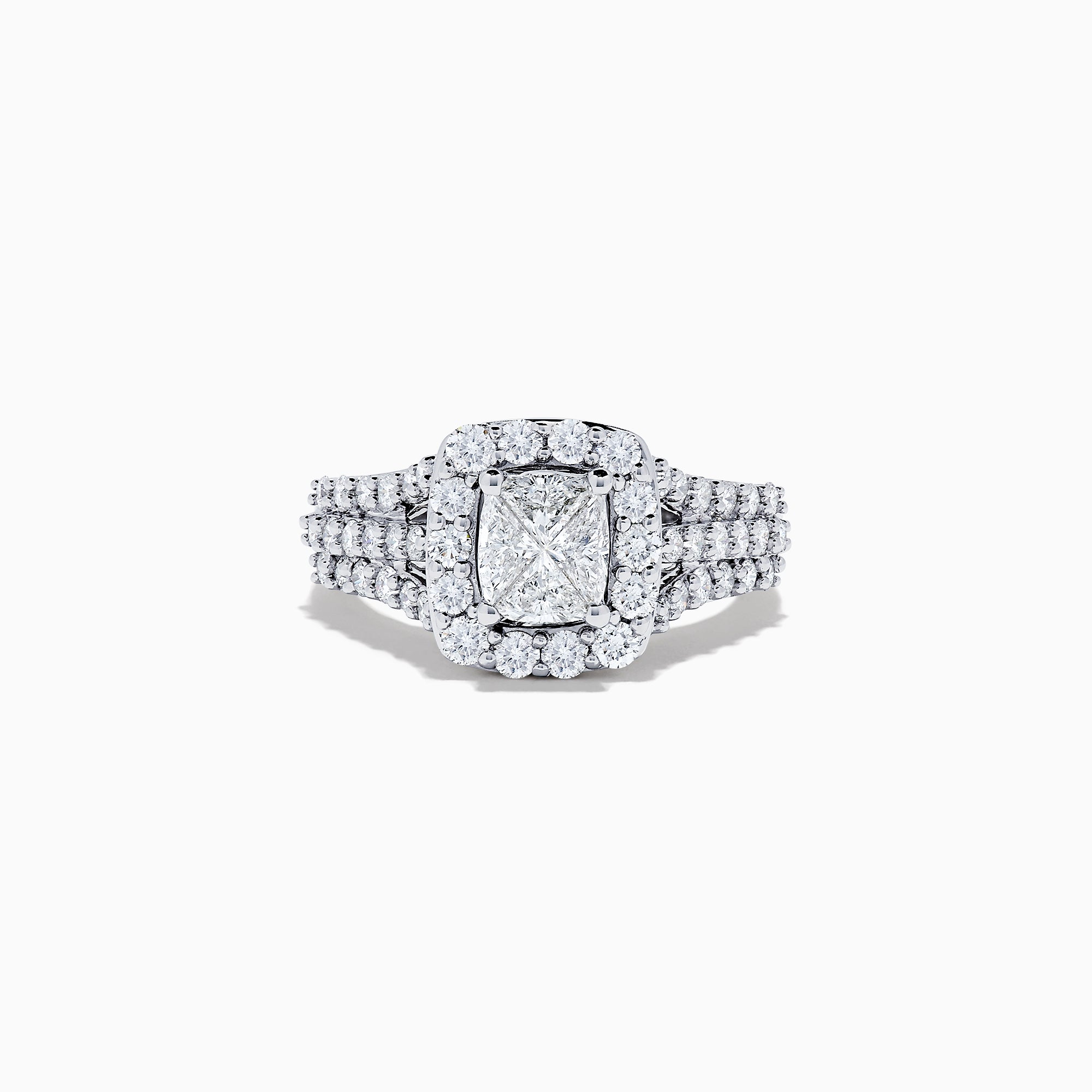 The 14K White Gold Diamond Ring, 2.00 TCW features a square-cut center diamond with a sparkling halo and triple diamond-encrusted band, beautifully showcased against a plain white background.