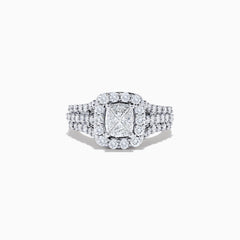 The 14K White Gold Diamond Ring, 2.00 TCW features a square-cut center diamond with a sparkling halo and triple diamond-encrusted band, beautifully showcased against a plain white background.
