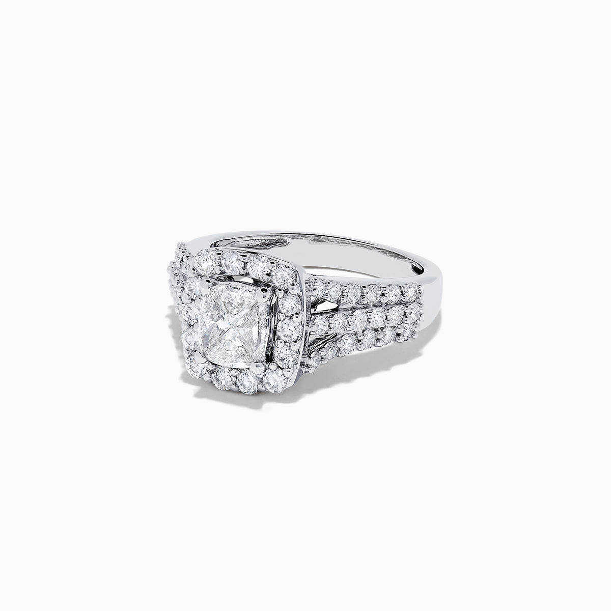 The 14K White Gold Diamond Ring, 2.00 TCW features a square-cut center diamond with a sparkling halo and triple diamond-encrusted band, beautifully showcased against a plain white background.