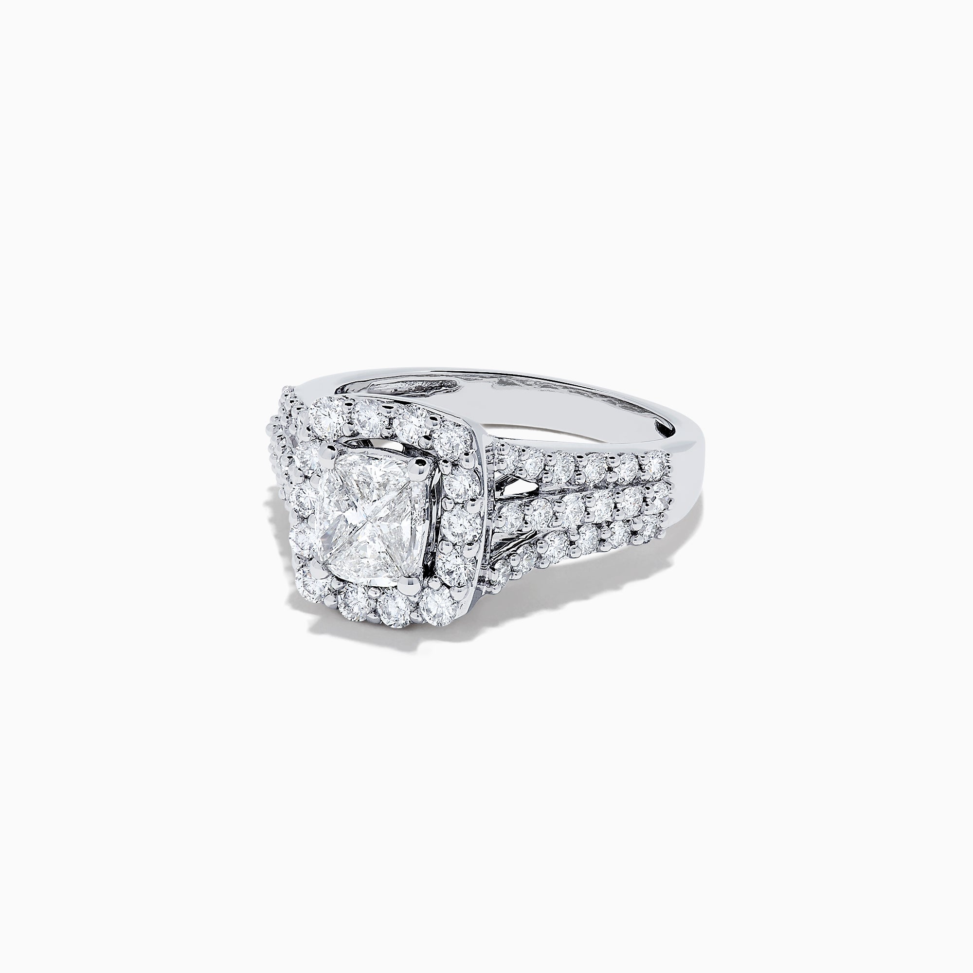 The 14K White Gold Diamond Ring, 2.00 TCW features a square-cut center diamond with a sparkling halo and triple diamond-encrusted band, beautifully showcased against a plain white background.