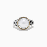 The 925 Sterling Silver and 18K Gold Fresh Water Pearl Ring features a large round freshwater pearl centerpiece, set in ornate sterling silver with a delicate 18K gold band accent.