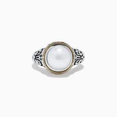 The 925 Sterling Silver and 18K Gold Fresh Water Pearl Ring features a large round freshwater pearl centerpiece, set in ornate sterling silver with a delicate 18K gold band accent.