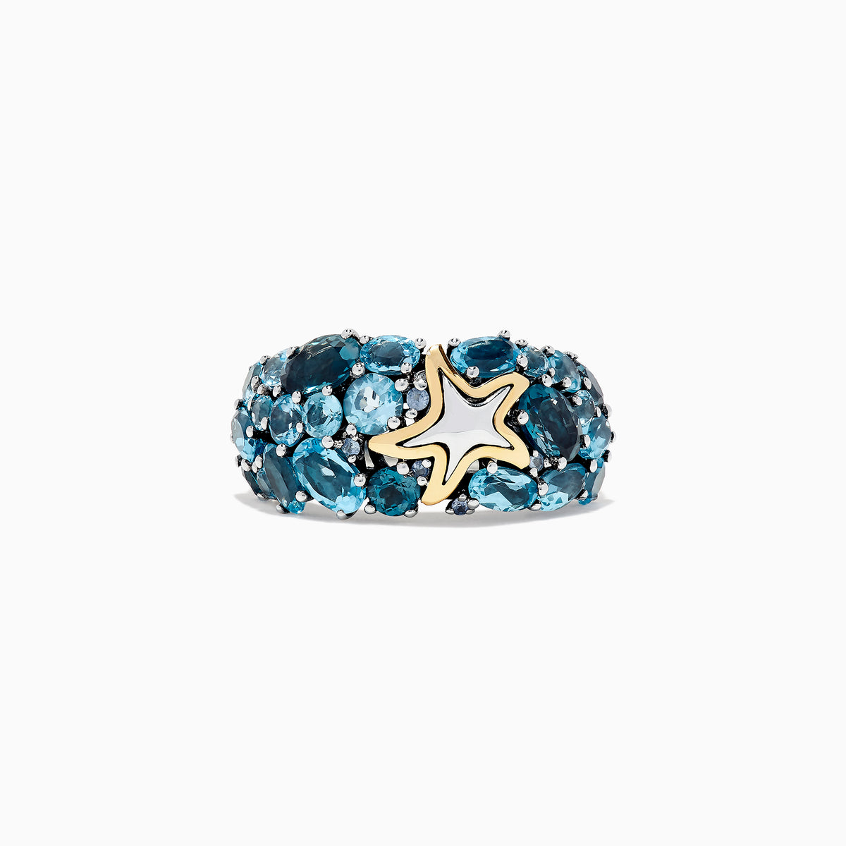 The Seaside Silver and 18K Gold Blue Topaz Starfish Ring, 6.70 TCW, features clusters of oval blue topaz stones set in silver with a gold-outlined starfish accent at the center, shown on a white background.