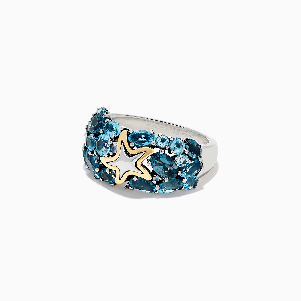 The Seaside Silver and 18K Gold Blue Topaz Starfish Ring, 6.70 TCW, features clusters of oval blue topaz stones set in silver with a gold-outlined starfish accent at the center, shown on a white background.
