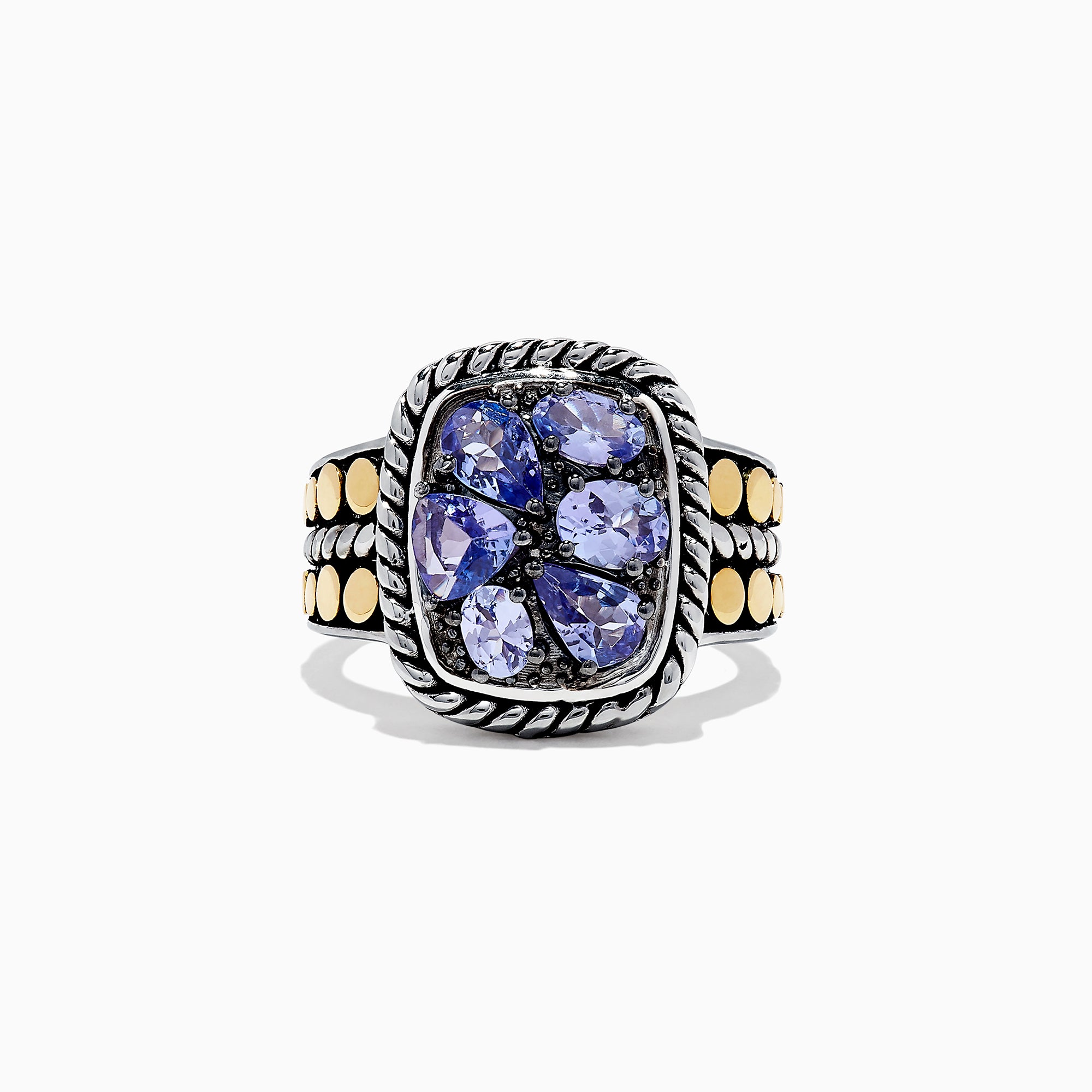 The Nahla Siri Silver & 18K Gold Tanzanite Ring, 1.85 TCW, features a twisted rope border, five purple tanzanites at the center, and gold dot accents along the band.