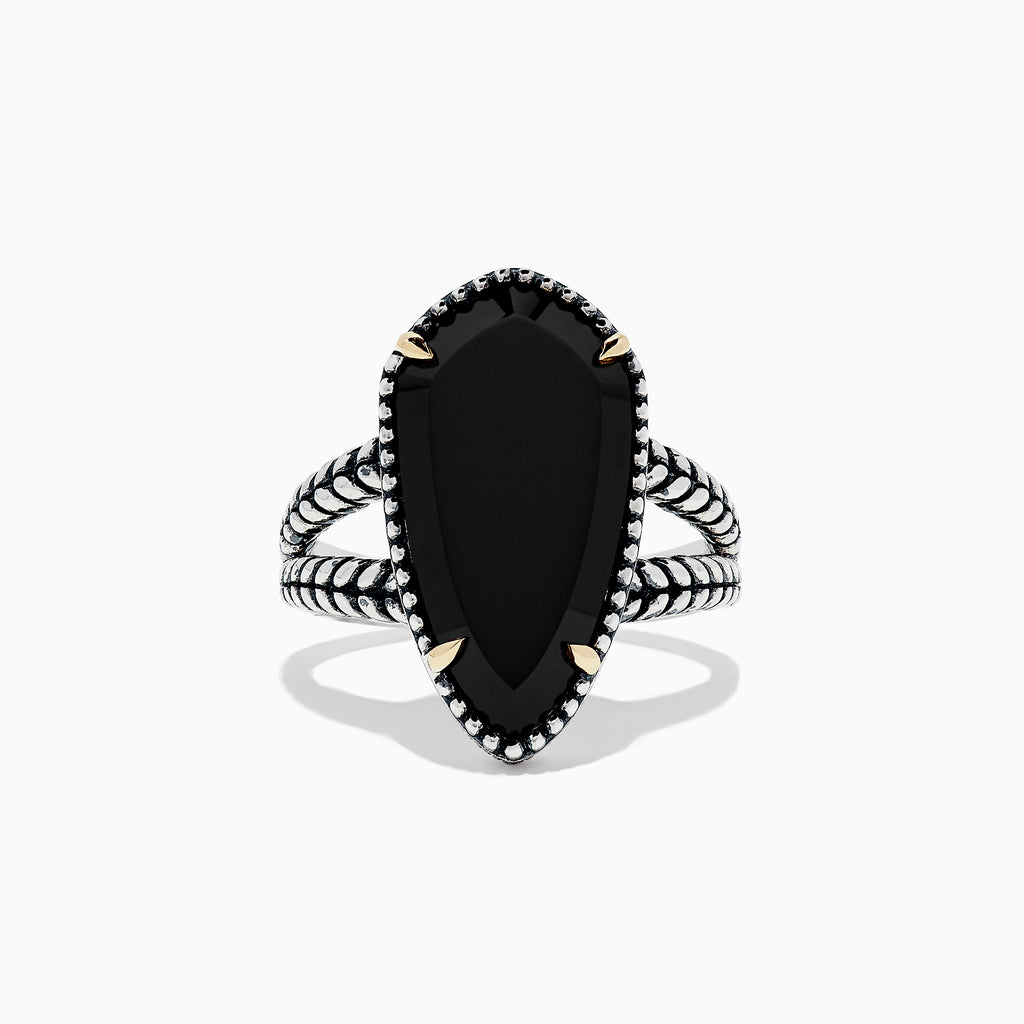 The Eclipse 925 Sterling Silver Onyx Ring, 4.37 TCW, features a large elongated black onyx centerpiece with gold prongs and a textured split shank band, shown against a plain white background.