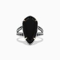 The Eclipse 925 Sterling Silver Onyx Ring, 4.37 TCW, features a large elongated black onyx centerpiece with gold prongs and a textured split shank band, shown against a plain white background.
