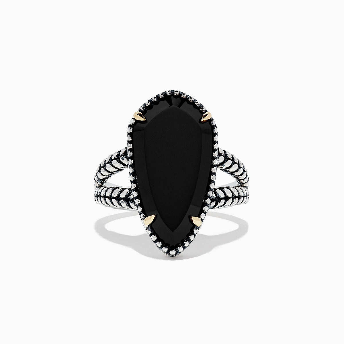 The Eclipse 925 Sterling Silver Onyx Ring, 4.37 TCW, features a large elongated black onyx centerpiece with gold prongs and a textured split shank band, shown against a plain white background.