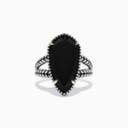 The Eclipse 925 Sterling Silver Onyx Ring, 4.37 TCW, features a large elongated black onyx centerpiece with gold prongs and a textured split shank band, shown against a plain white background.