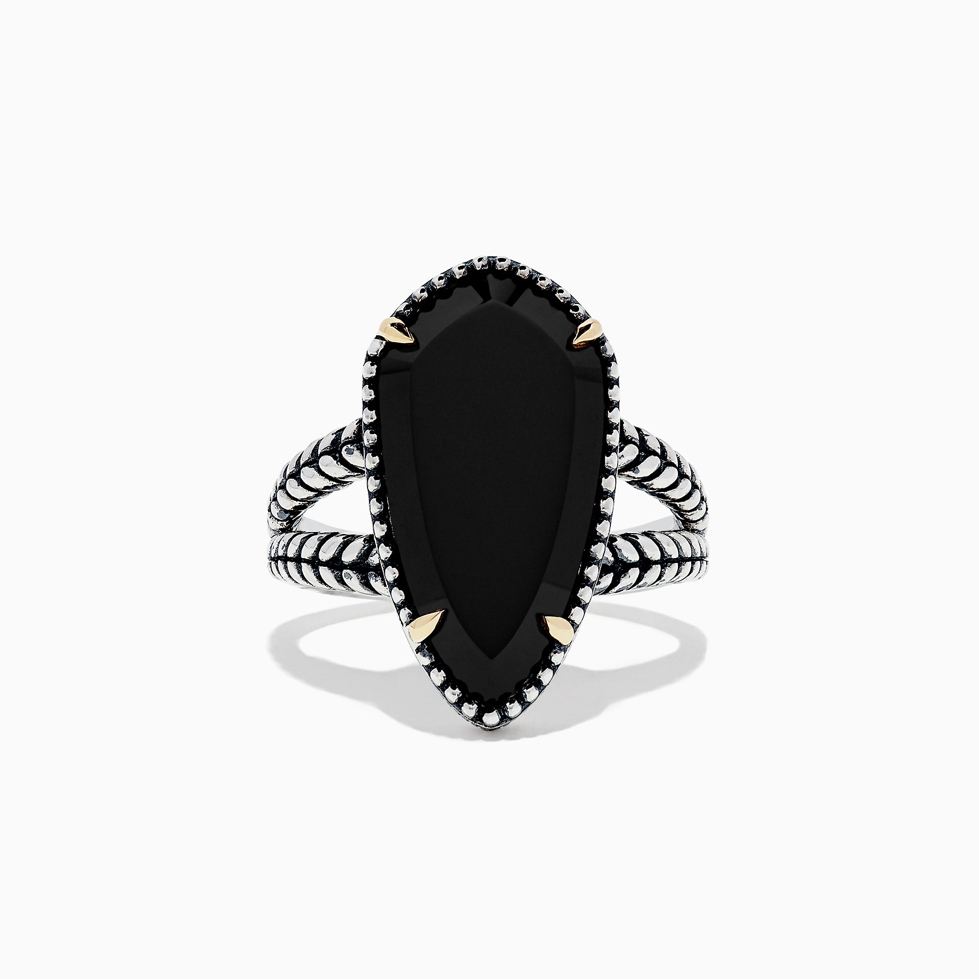 The Eclipse 925 Sterling Silver Onyx Ring, 4.37 TCW, features a large elongated black onyx centerpiece with gold prongs and a textured split shank band, shown against a plain white background.