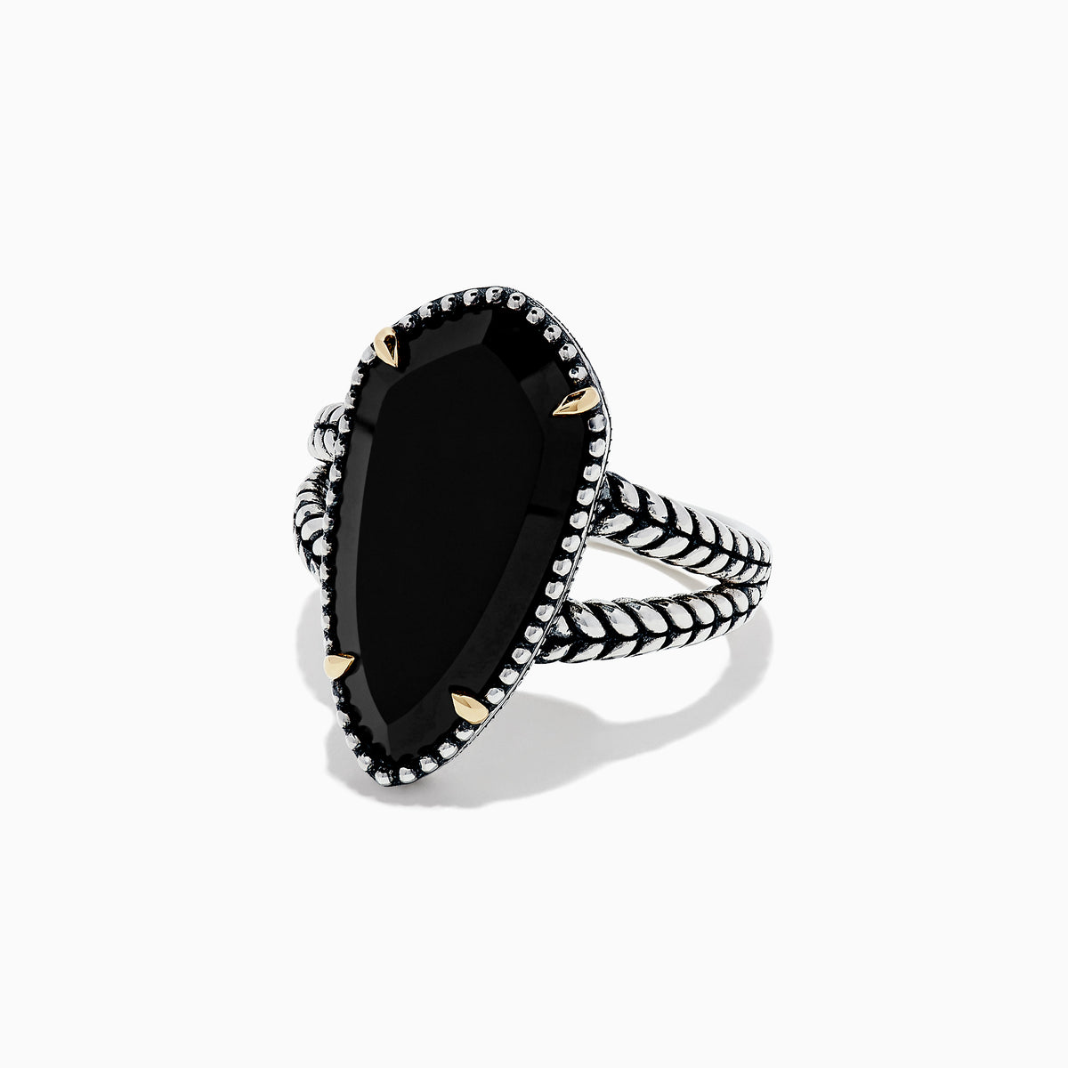 The Eclipse 925 Sterling Silver Onyx Ring, 4.37 TCW, features a large elongated black onyx centerpiece with gold prongs and a textured split shank band, shown against a plain white background.