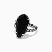 The Eclipse 925 Sterling Silver Onyx Ring, 4.37 TCW, features a large elongated black onyx centerpiece with gold prongs and a textured split shank band, shown against a plain white background.