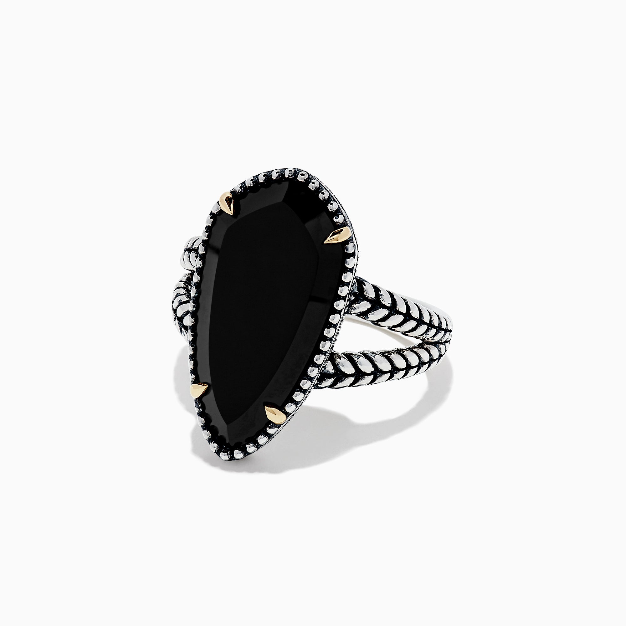 The Eclipse 925 Sterling Silver Onyx Ring, 4.37 TCW, features a large elongated black onyx centerpiece with gold prongs and a textured split shank band, shown against a plain white background.