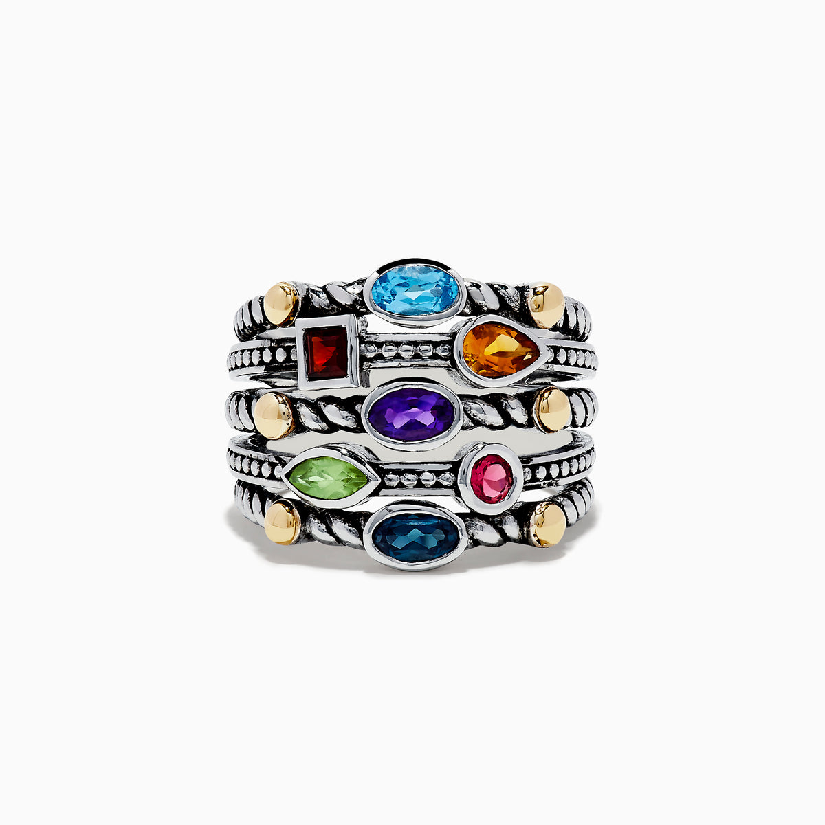 The 925 Sterling Silver & 18K Yellow Gold Multi Stone Ring features vibrant blue, red, orange, green, and pink gemstones in an ornate stack design, elegantly displayed against a white background.