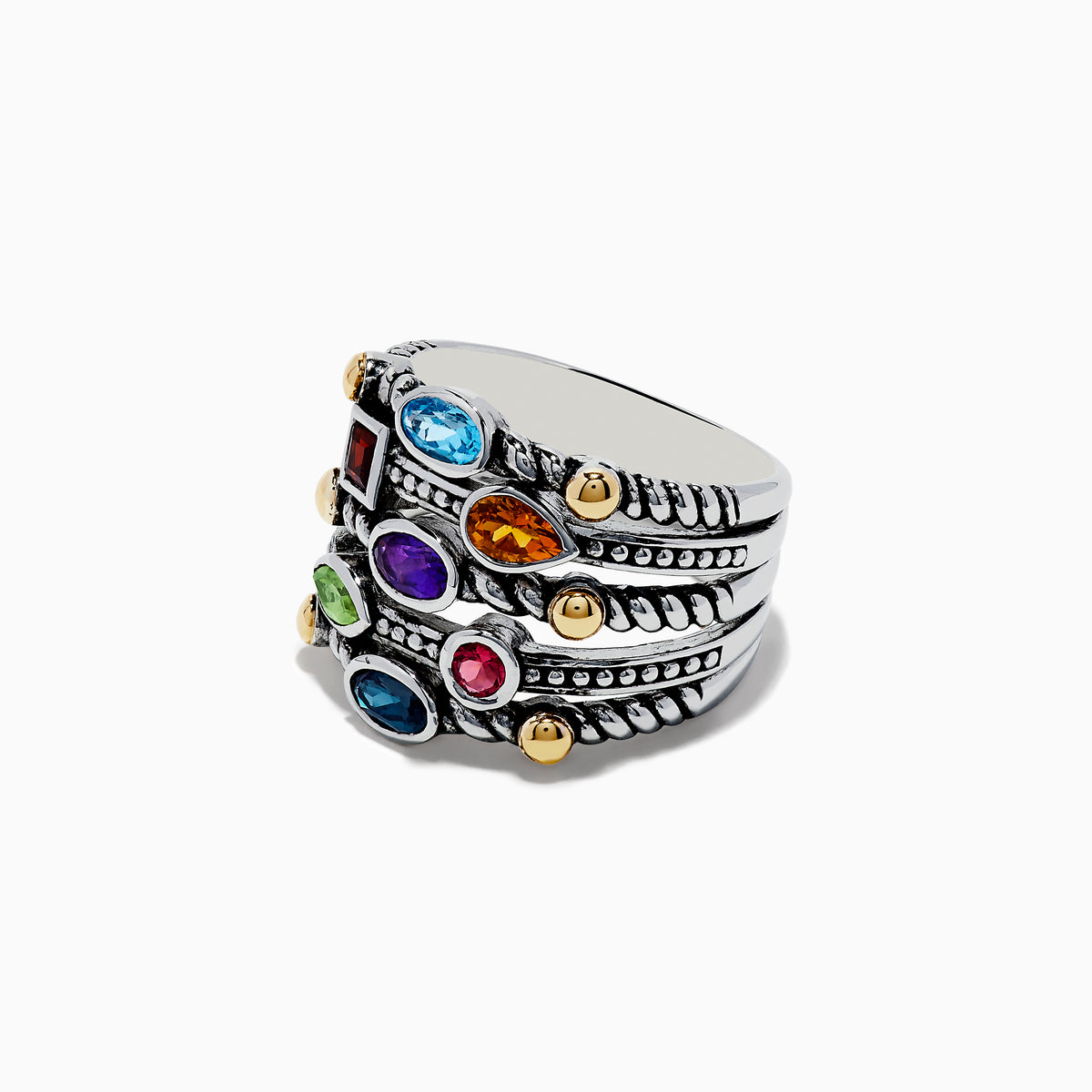 The 925 Sterling Silver & 18K Yellow Gold Multi Stone Ring features vibrant blue, red, orange, green, and pink gemstones in an ornate stack design, elegantly displayed against a white background.