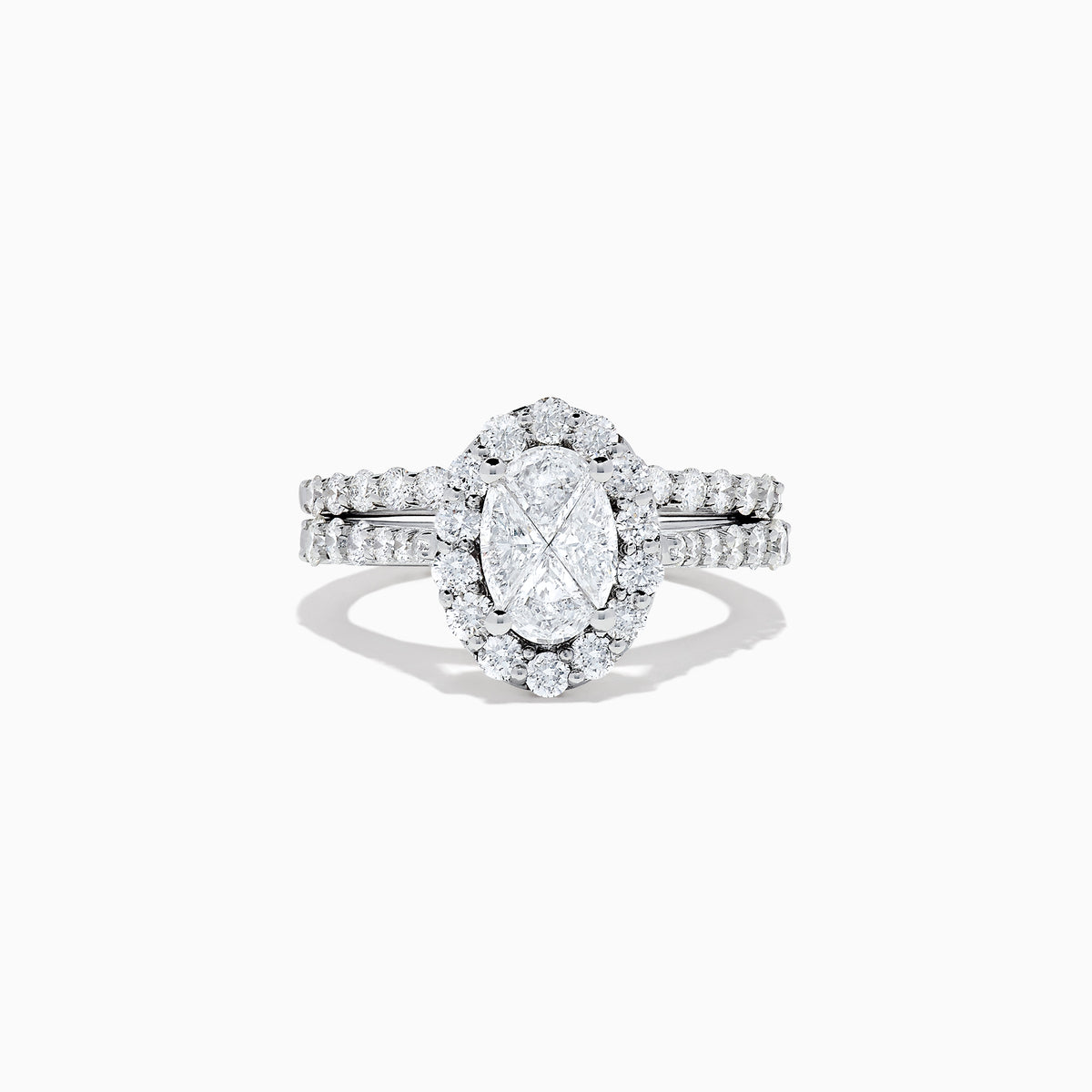 The 14K White Gold Diamond Ring and Matching Band Set, 2.00 TCW, features a large oval center diamond with a halo of round diamonds and a diamond-studded band—displayed against white, ideal for elegant bridal sets.