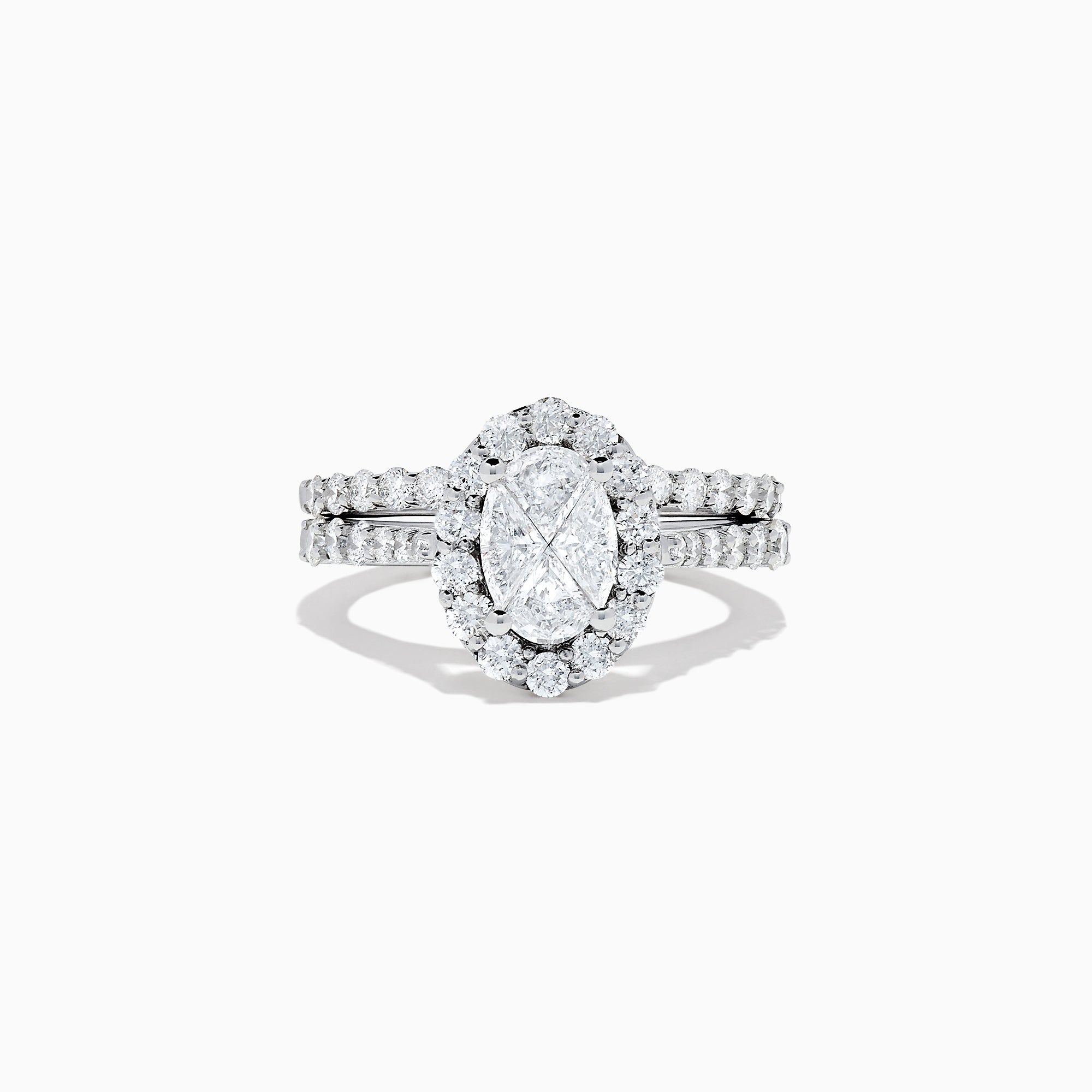 The 14K White Gold Diamond Ring and Matching Band Set, 2.00 TCW, features a large oval center diamond with a halo of round diamonds and a diamond-studded band—displayed against white, ideal for elegant bridal sets.