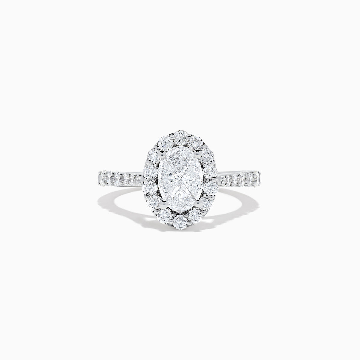 The 14K White Gold Diamond Ring and Matching Band Set, 2.00 TCW, features a large oval center diamond with a halo of round diamonds and a diamond-studded band—displayed against white, ideal for elegant bridal sets.