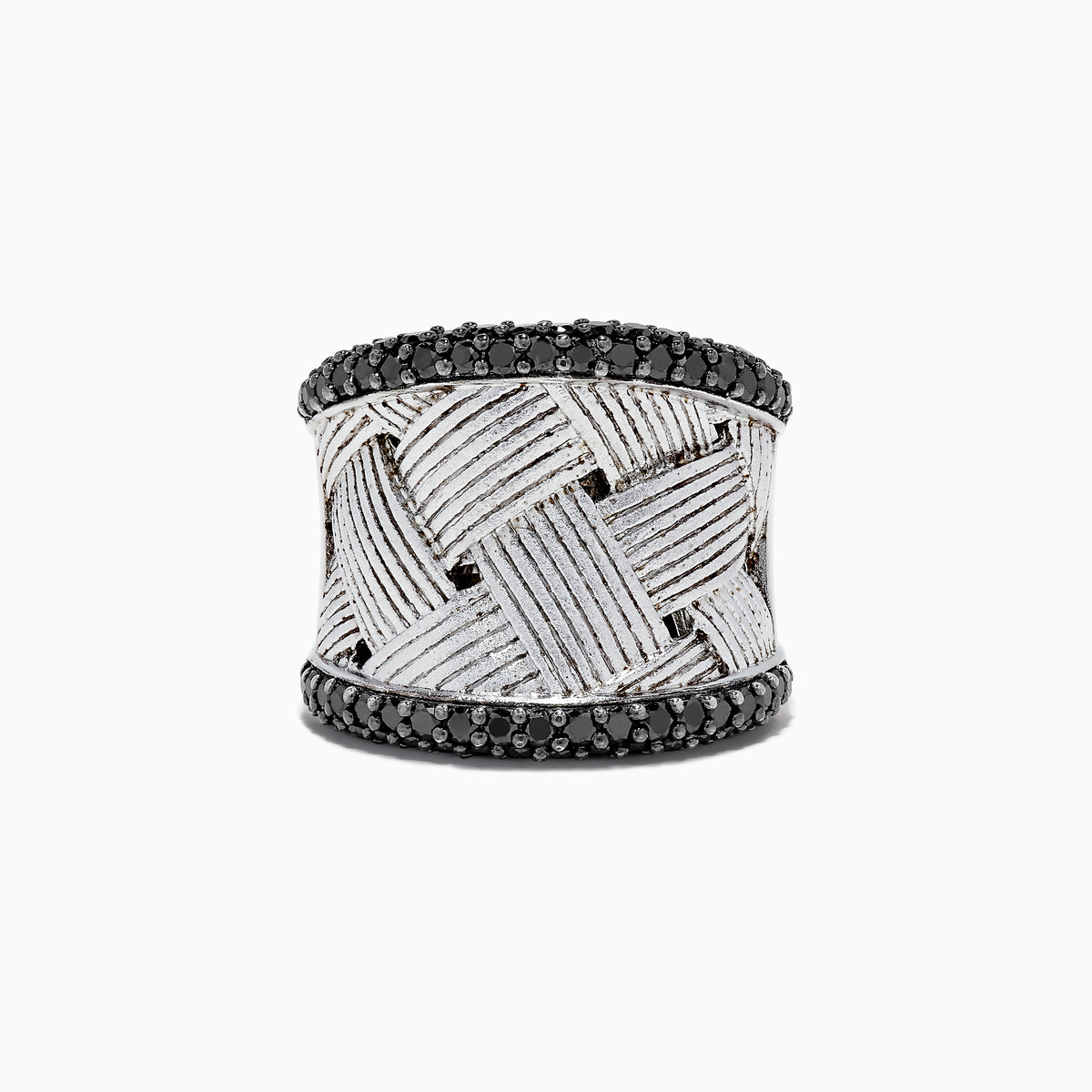 The 925 Sterling Silver Black Diamond Woven Ring, 1.23 TCW features a wide, textured woven design with two rows of black diamonds bordering the top and bottom edges.