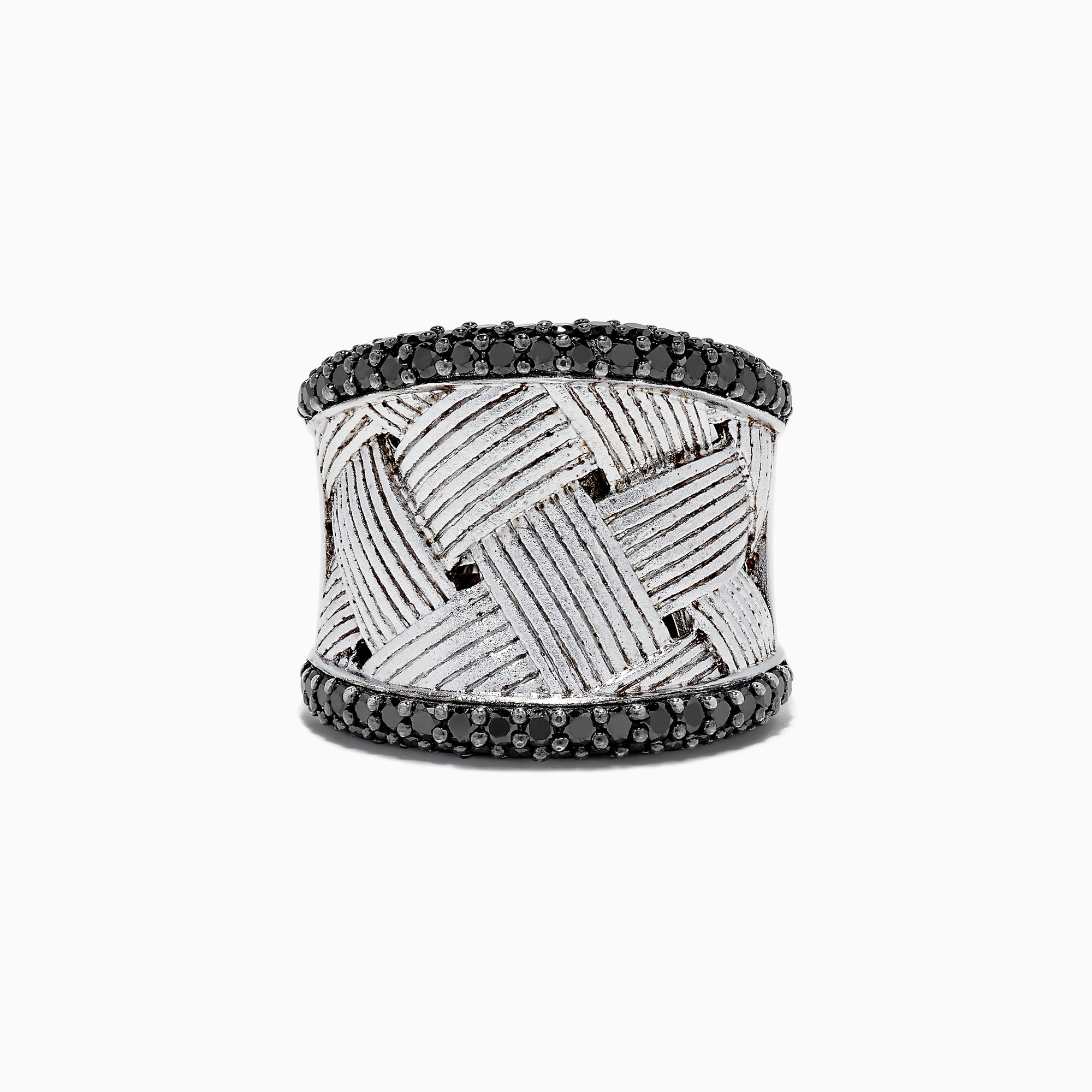 The 925 Sterling Silver Black Diamond Woven Ring, 1.23 TCW features a wide, textured woven design with two rows of black diamonds bordering the top and bottom edges.