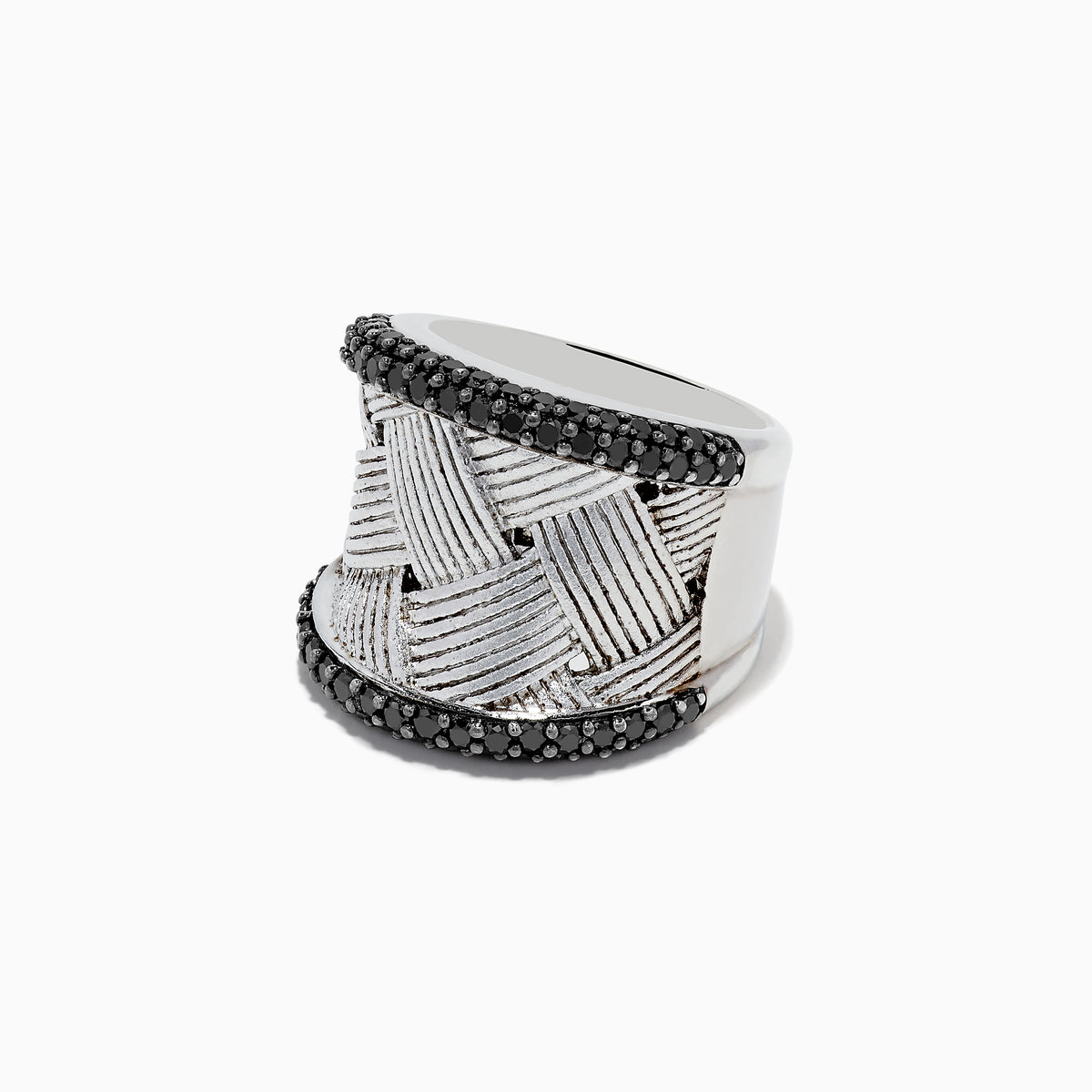 The 925 Sterling Silver Black Diamond Woven Ring, 1.23 TCW features a wide, textured woven design with two rows of black diamonds bordering the top and bottom edges.