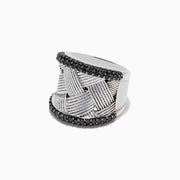 The 925 Sterling Silver Black Diamond Woven Ring, 1.23 TCW features a wide, textured woven design with two rows of black diamonds bordering the top and bottom edges.