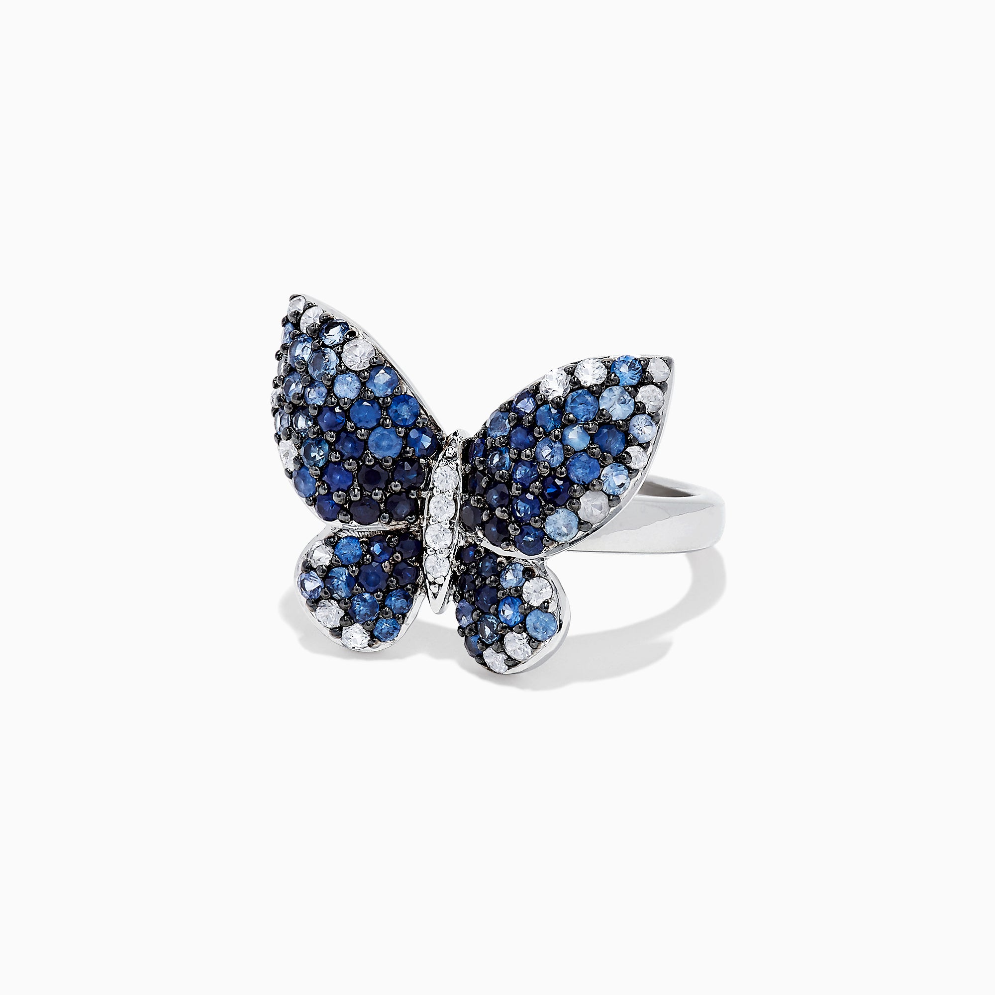The Nature Sterling Silver Blue Sapphire Splash Butterfly Ring, 1.70 TCW, features blue sapphires and white gemstones artfully set to highlight the wings and body of the butterfly design.