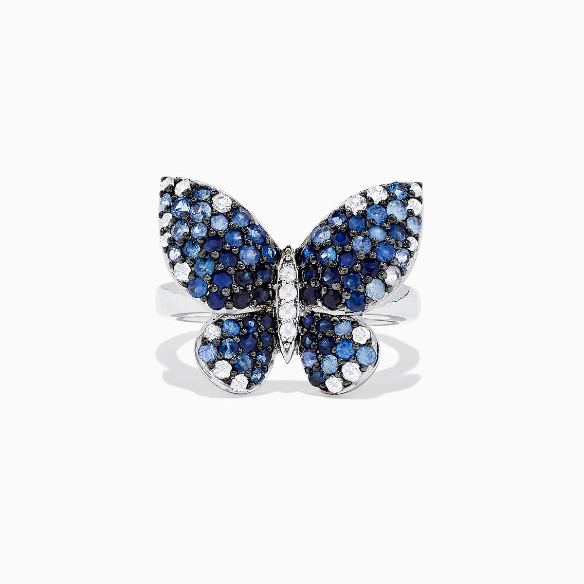 The Nature Sterling Silver Blue Sapphire Splash Butterfly Ring, 1.70 TCW, features blue sapphires and white gemstones artfully set to highlight the wings and body of the butterfly design.