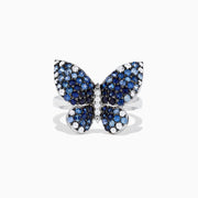 The Nature Sterling Silver Blue Sapphire Splash Butterfly Ring, 1.70 TCW, features blue sapphires and white gemstones artfully set to highlight the wings and body of the butterfly design.