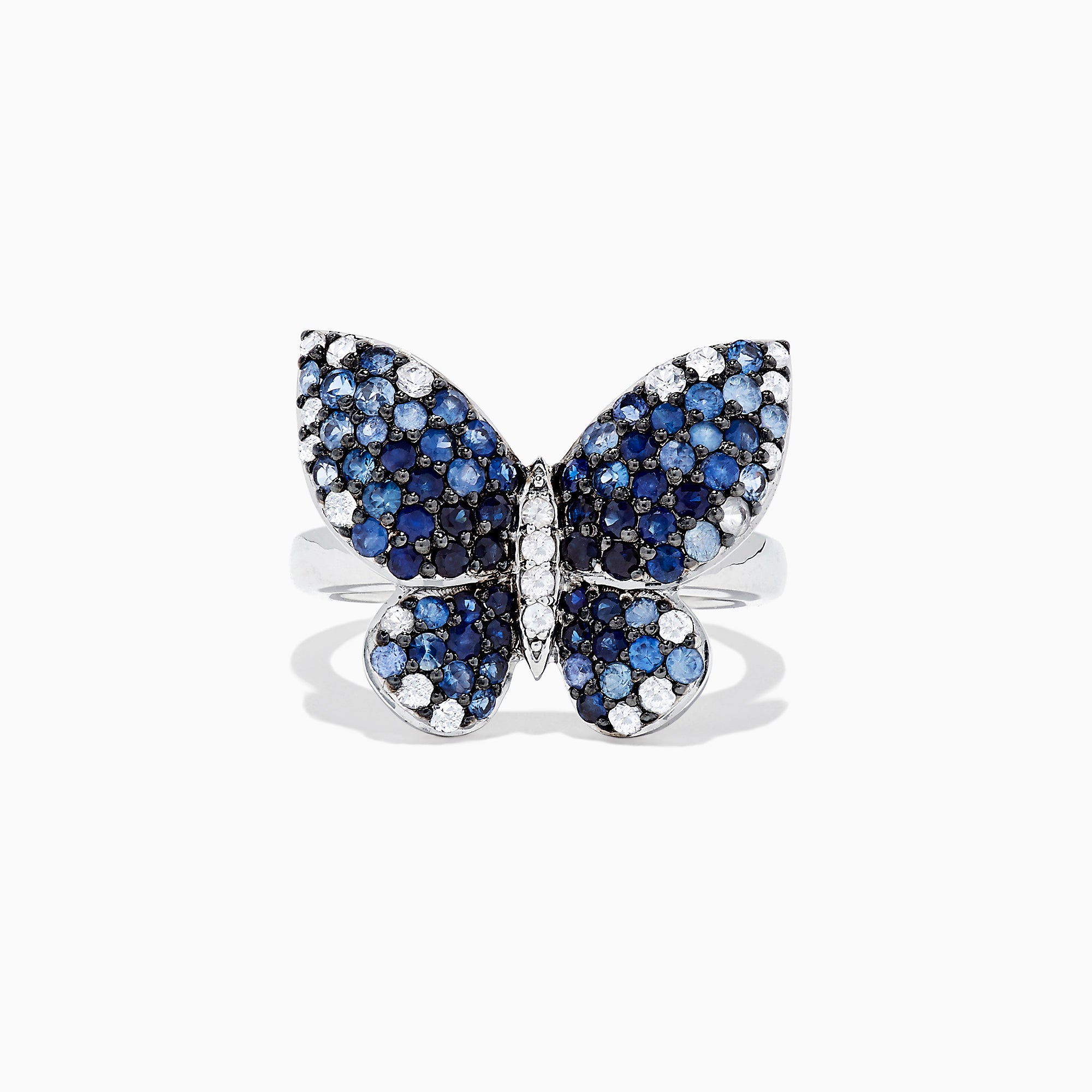 The Nature Sterling Silver Blue Sapphire Splash Butterfly Ring, 1.70 TCW, features blue sapphires and white gemstones artfully set to highlight the wings and body of the butterfly design.