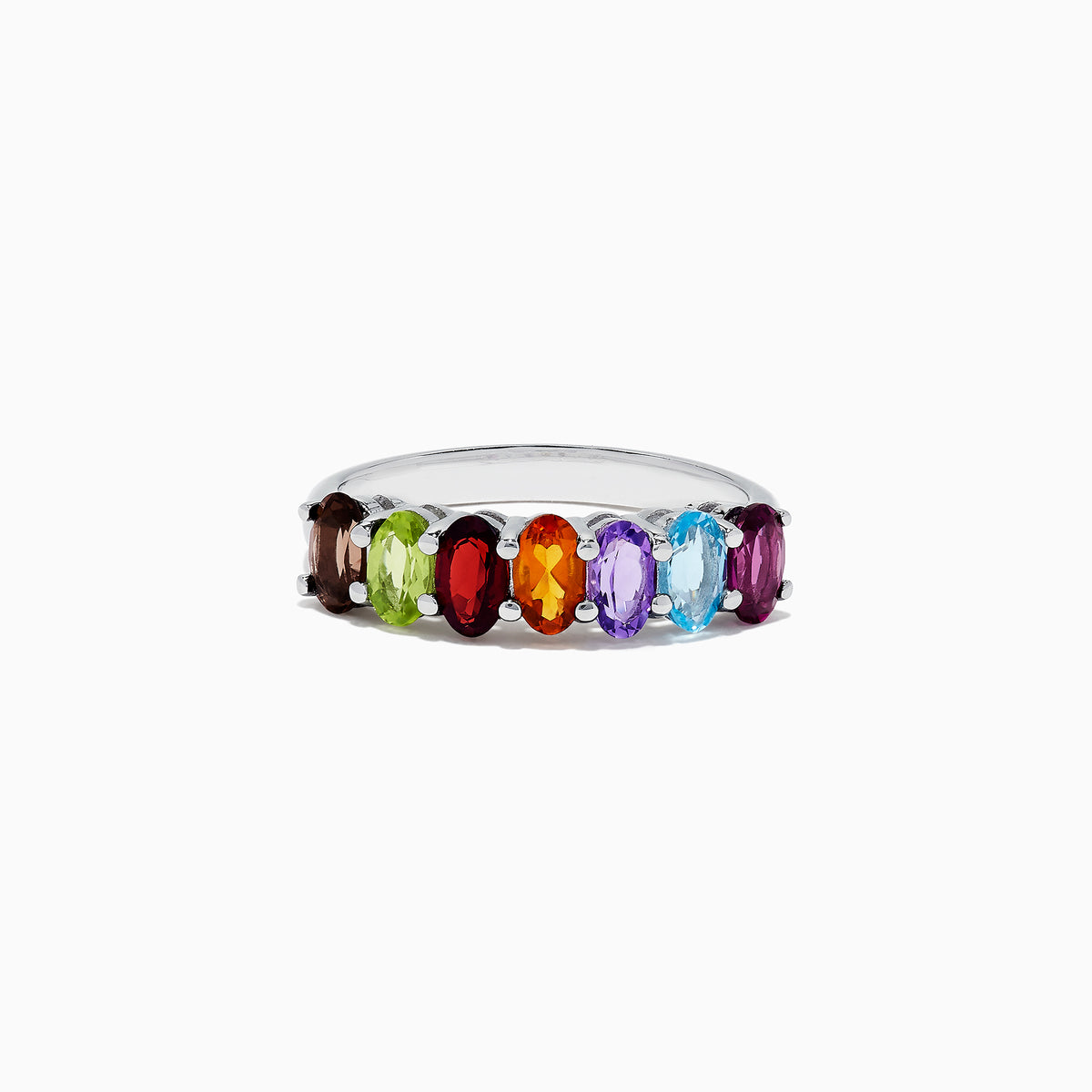 The Mosaic Sterling Silver Multi Gemstone Ring, 1.66 TCW, features a row of vibrant oval-shaped gems in red, green, orange, purple, blue, and brown set side by side across the band.