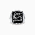 The Mens 925 Sterling Silver Onyx Dragon Ring, 5.00 TCWS, features a rectangular black onyx face with a raised dragon design, a textured border, and circular patterns on the sides.