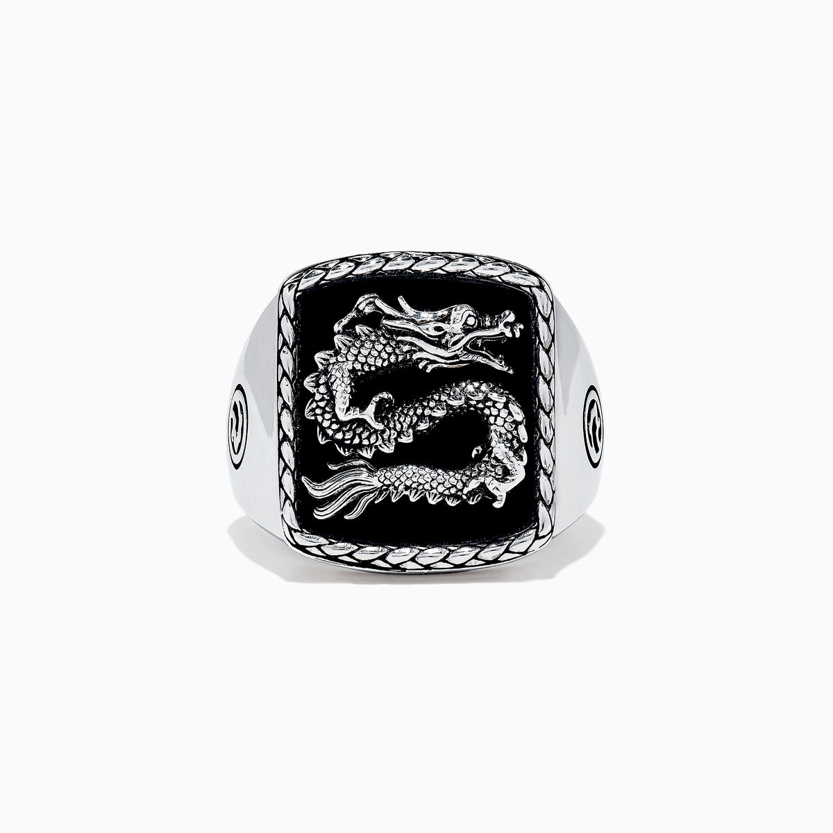 The Mens 925 Sterling Silver Onyx Dragon Ring, 5.00 TCWS, features a rectangular black onyx face with a raised dragon design, a textured border, and circular patterns on the sides.