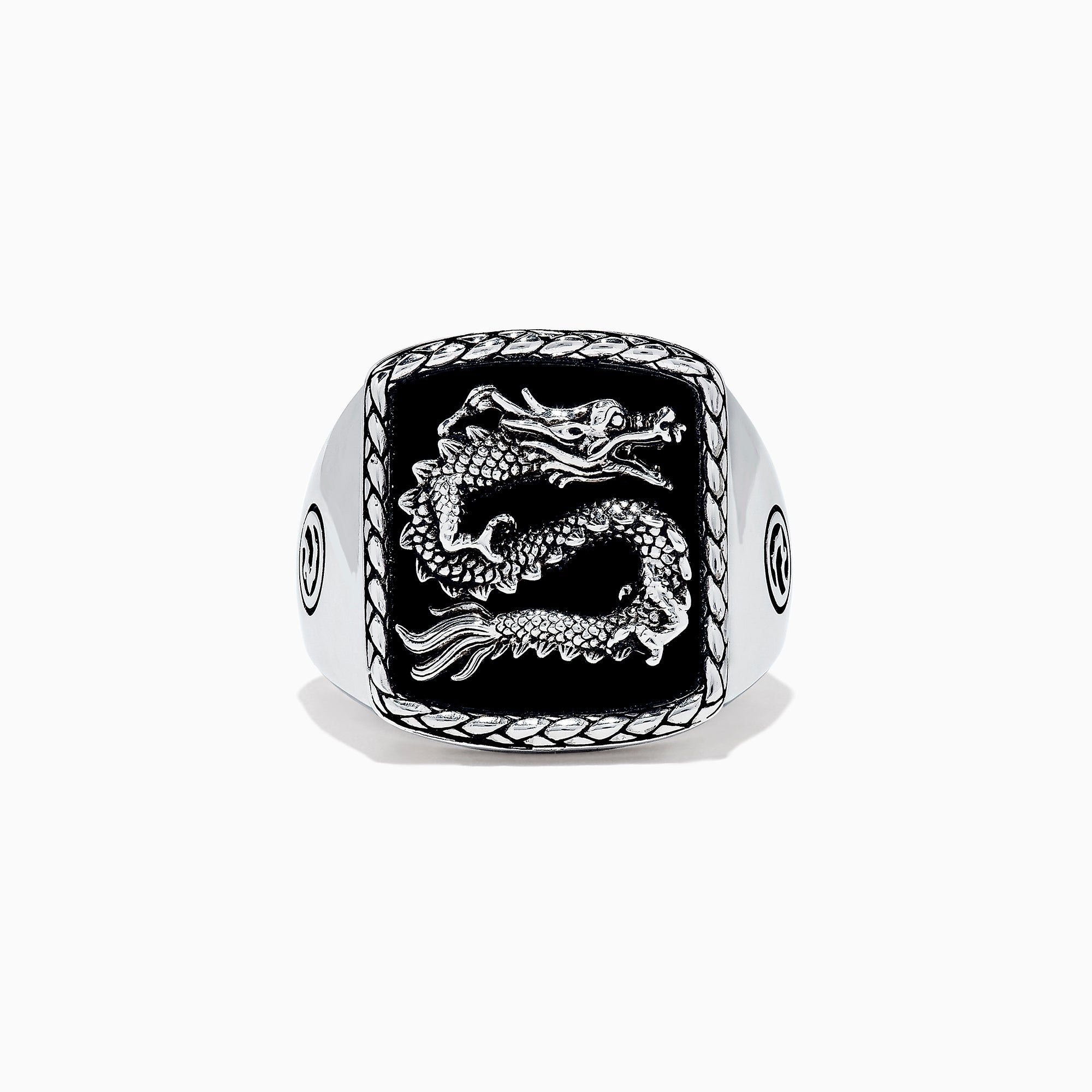 The Mens 925 Sterling Silver Onyx Dragon Ring, 5.00 TCWS, features a rectangular black onyx face with a raised dragon design, a textured border, and circular patterns on the sides.