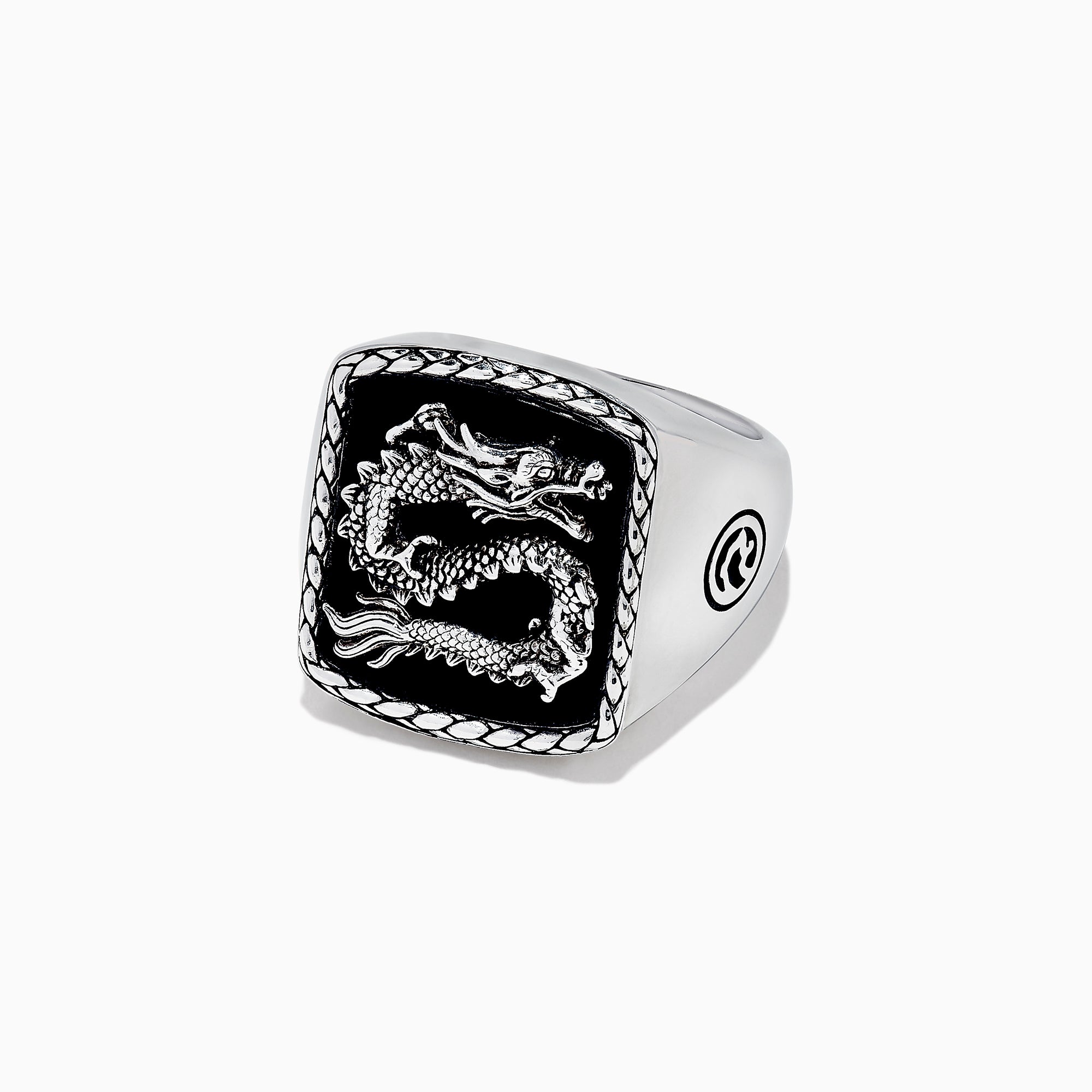 The Mens 925 Sterling Silver Onyx Dragon Ring, 5.00 TCWS, features a rectangular black onyx face with a raised dragon design, a textured border, and circular patterns on the sides.